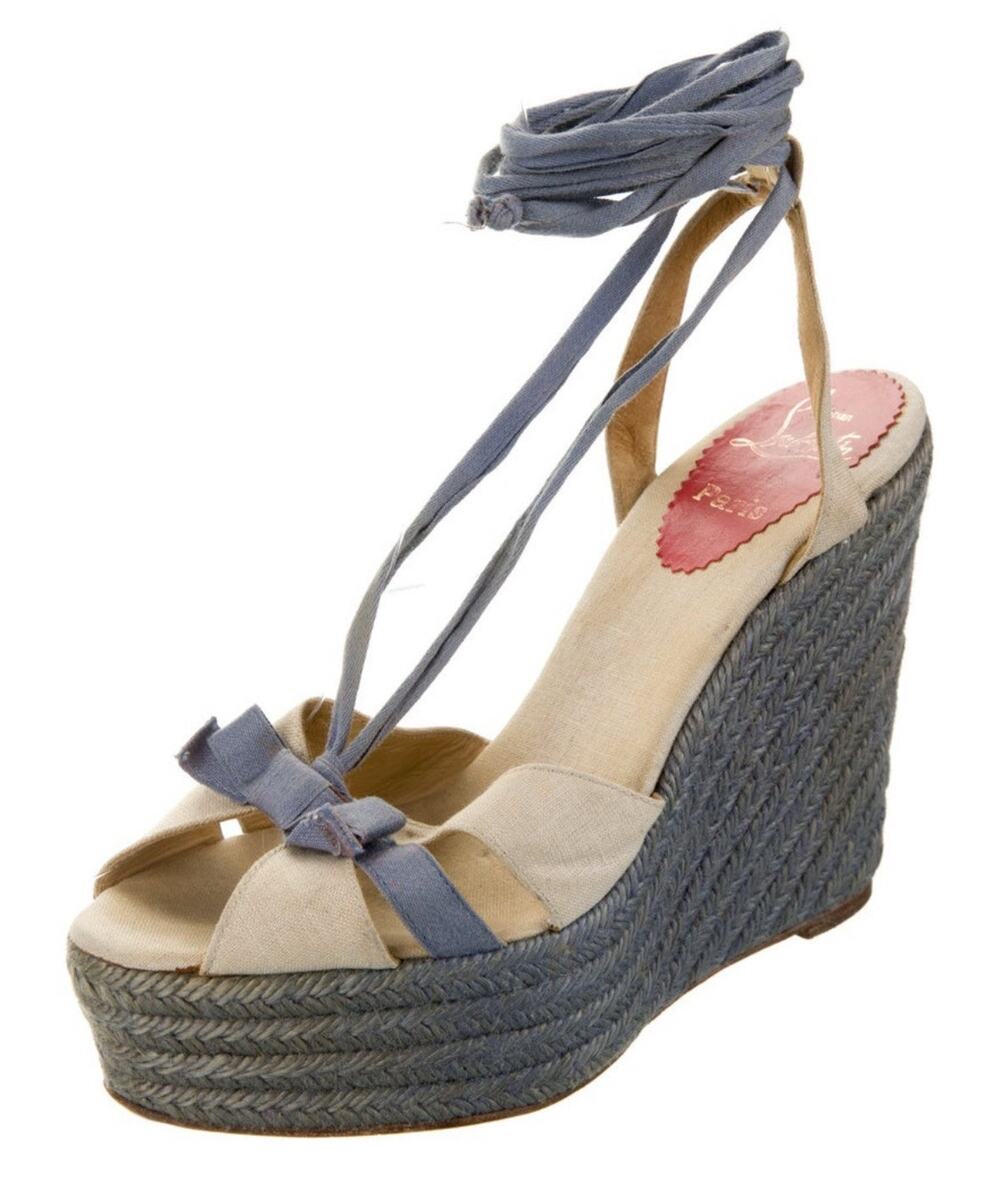 Authentic Christian Louboutin Blue Cream Wedge Lace Up Gladiator Sandals EU 39